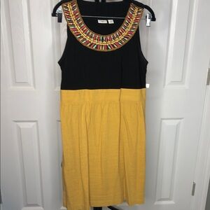 Cato Black and Mustard Midi Dress with Embellished Neckline, Size 10